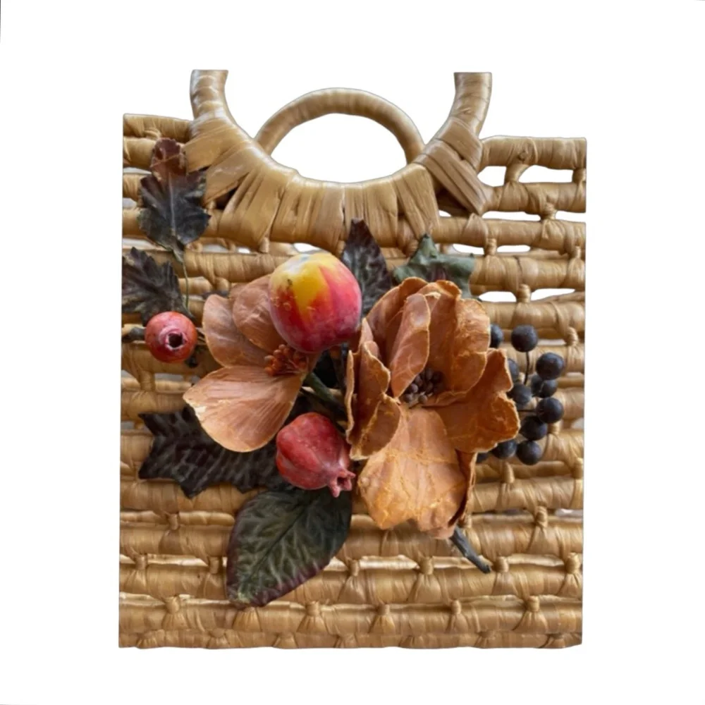 Handcrafted Woven Grass Reed Tote Handbag 16”x13”x 6” Floral Accent Summer